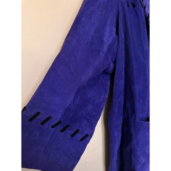 Vintage Audrey Jones Deep Royal Blue with Black Stitch Leather Suede Jacket - Picture 3 of 8